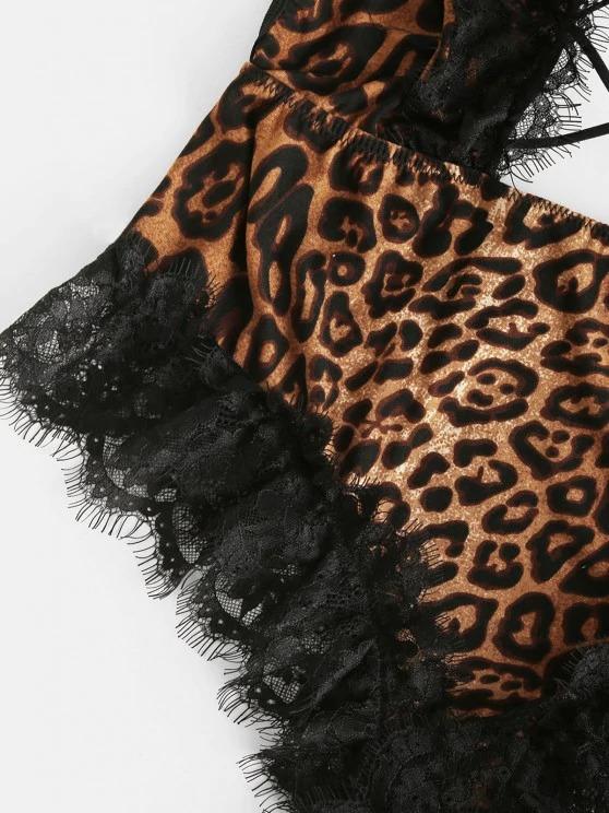 Halter Lace Trim Leopard Crisscross Cutout Teddy - LuckyFash™