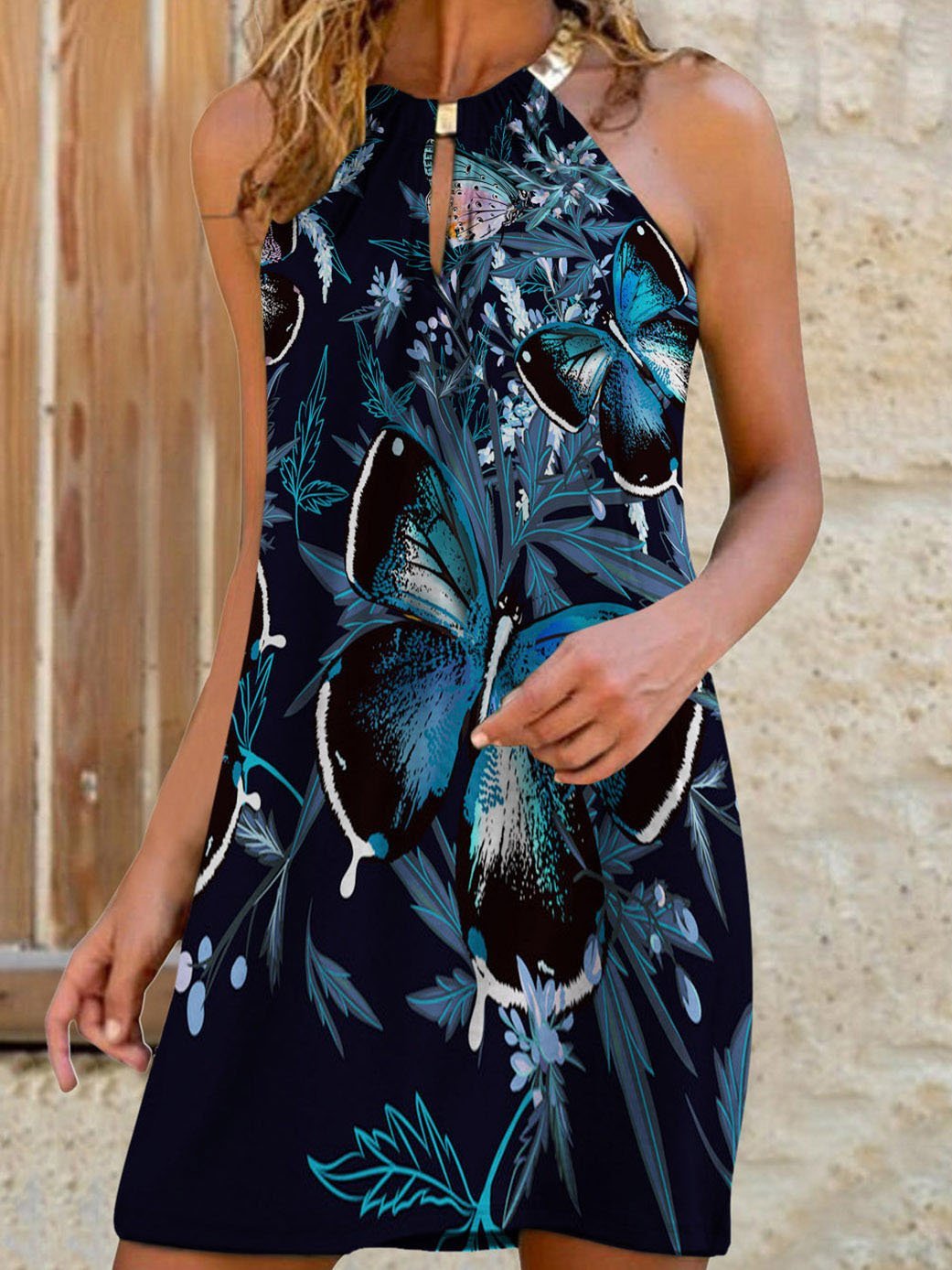 Halter Neck Butterfly Print Sleeveless Dress - LuckyFash™