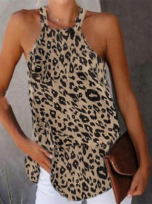 Halter Neck Pullover Round Neck Leopard Print Vest - LuckyFash™