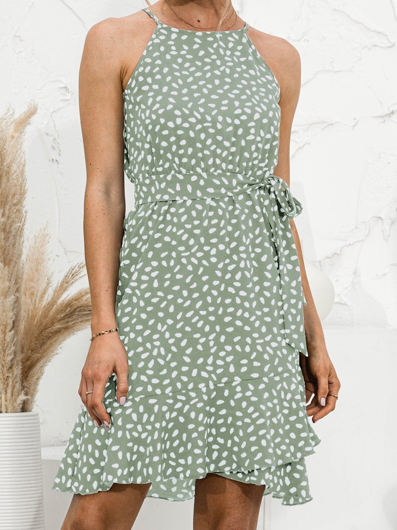 Halter Neck Ruffle Print Sleeveless Dress - LuckyFash™