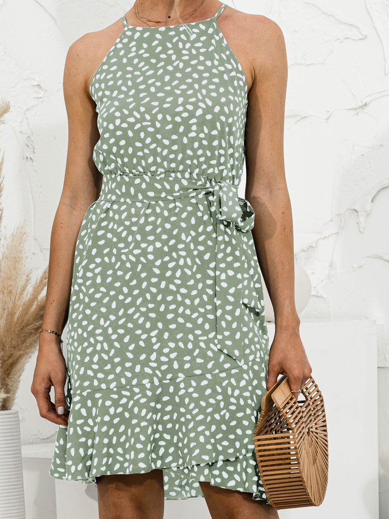 Halter Neck Ruffle Print Sleeveless Dress - LuckyFash™