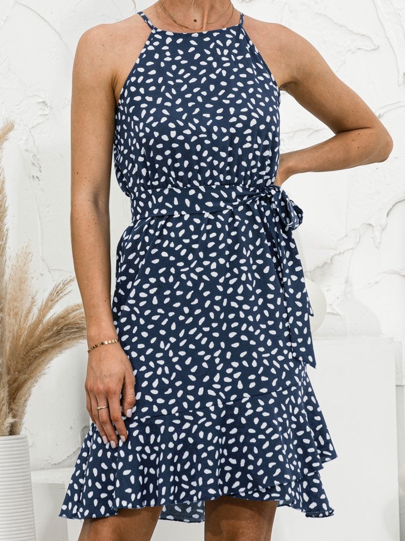 Halter Neck Ruffle Print Sleeveless Dress - LuckyFash™