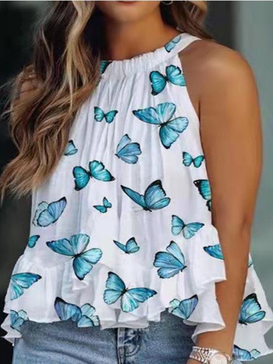 Halter Off Shoulder Burrterfly Printed Tank Top - LuckyFash™