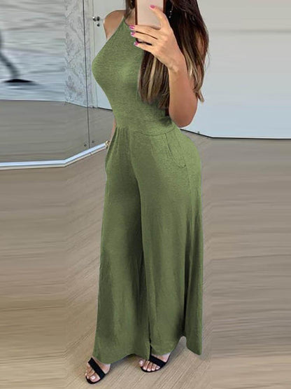 Halter Plain Pocket Design Wide Leg Jumpsuit - LuckyFash™