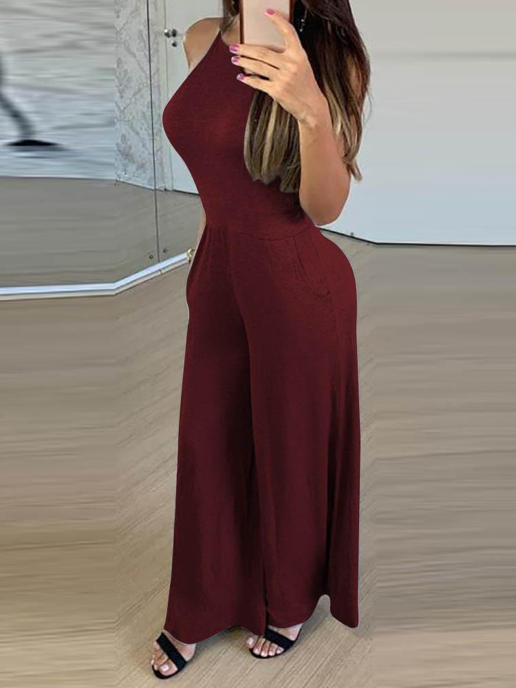 Halter Plain Pocket Design Wide Leg Jumpsuit - LuckyFash™