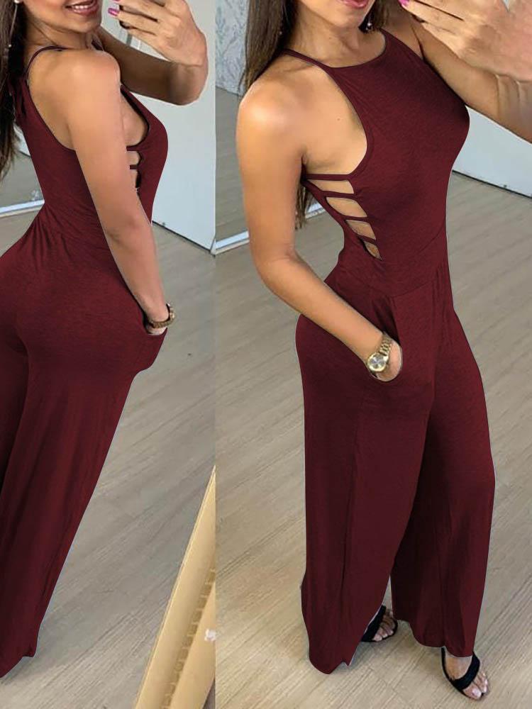 Halter Plain Pocket Design Wide Leg Jumpsuit - LuckyFash™