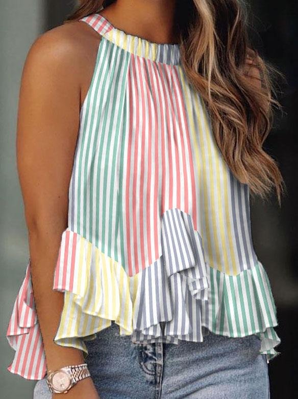 Halter Ruffled Contrast Sleeveless Vest - LuckyFash™