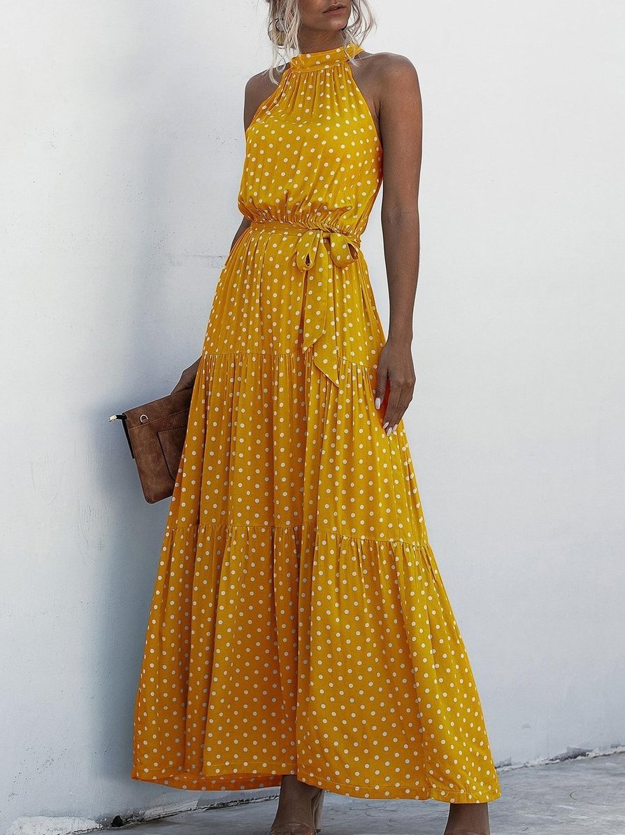 Halter Self Tie Ruffle Hem Polka Dot Dress - LuckyFash™