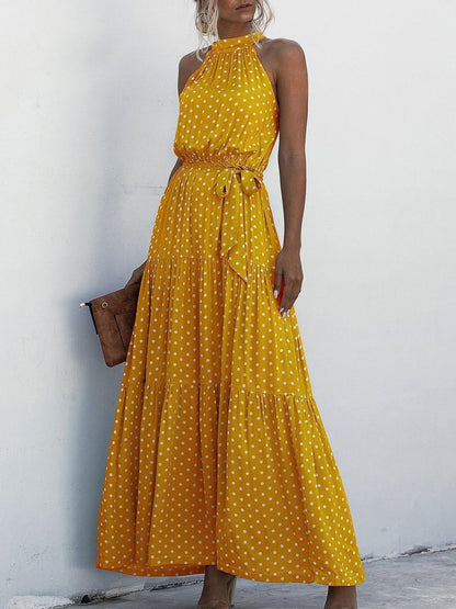 Halter Self Tie Ruffle Hem Polka Dot Dress - LuckyFash™