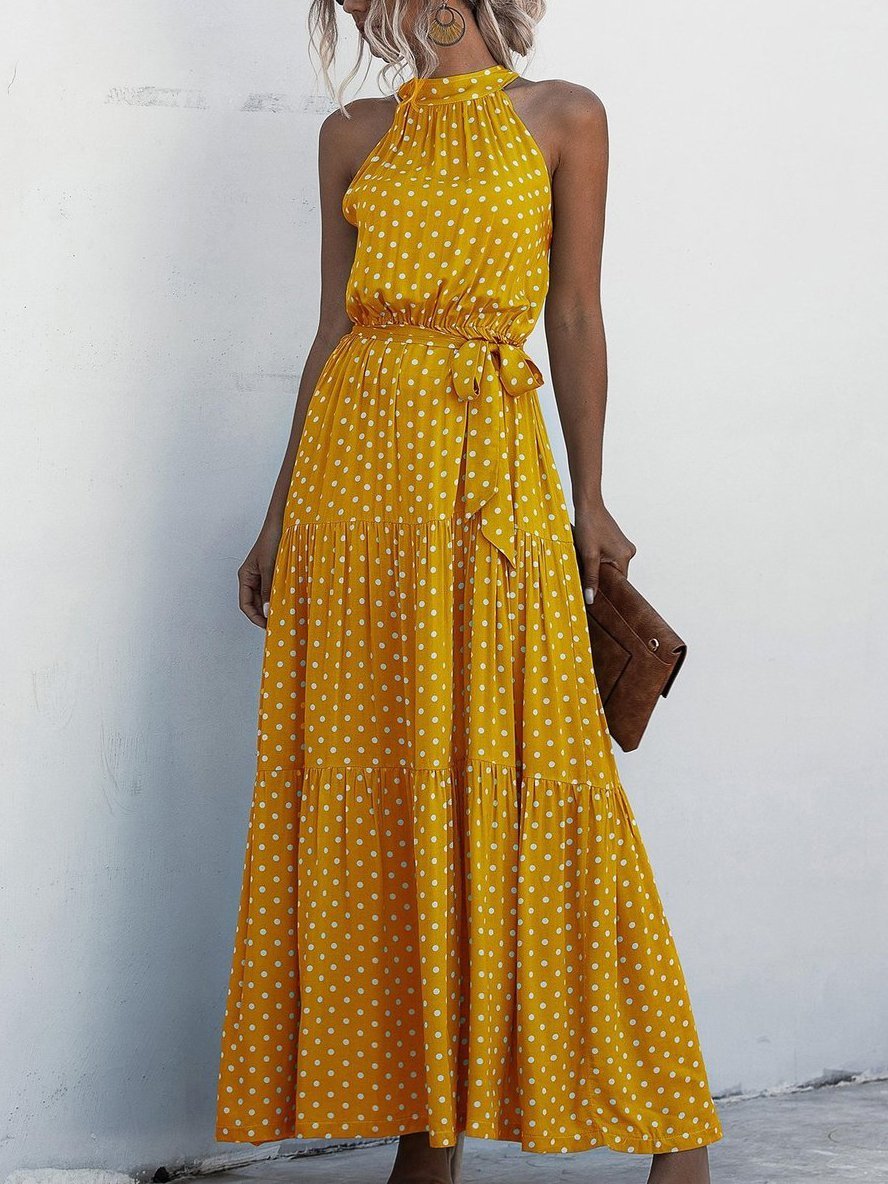 Halter Self Tie Ruffle Hem Polka Dot Dress - LuckyFash™