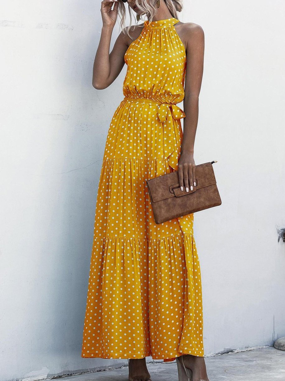 Halter Self Tie Ruffle Hem Polka Dot Dress - LuckyFash™