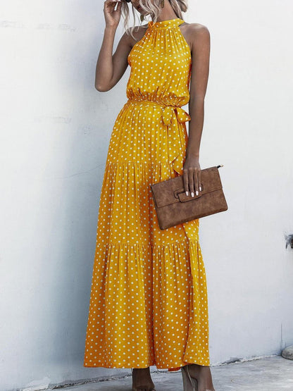 Halter Self Tie Ruffle Hem Polka Dot Dress - LuckyFash™