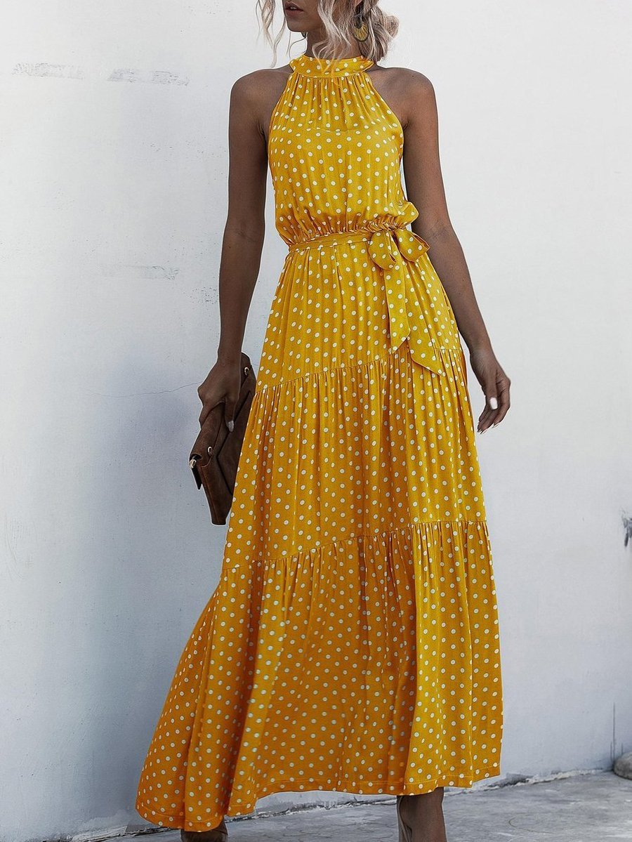 Halter Self Tie Ruffle Hem Polka Dot Dress - LuckyFash™
