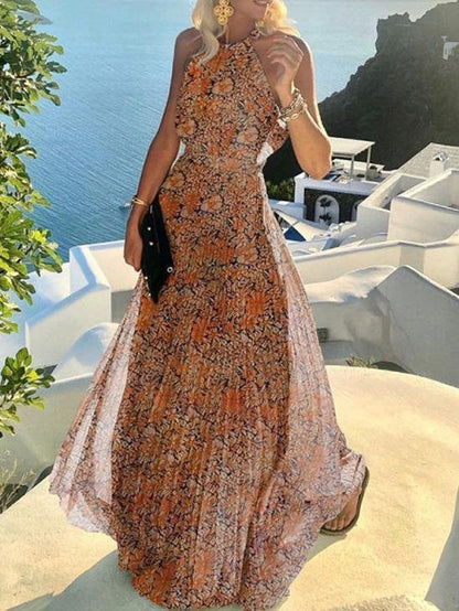 Halter Sleeveless Printed Pleated Dress - LuckyFash™