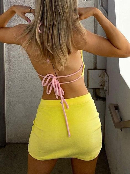 Halter Solid V-neck Lace-up Vest &  Skirt Suit - LuckyFash™