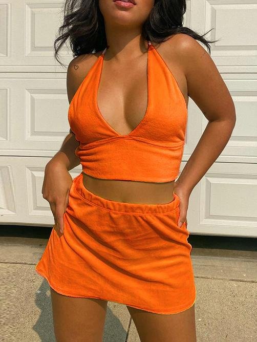 Halter Solid V-neck Lace-up Vest &  Skirt Suit - LuckyFash™