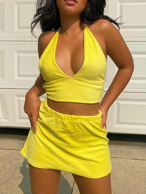 Halter Solid V-neck Lace-up Vest &  Skirt Suit - LuckyFash™