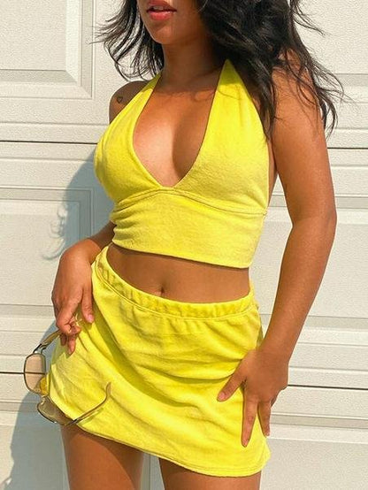 Halter Solid V-neck Lace-up Vest &  Skirt Suit - LuckyFash™