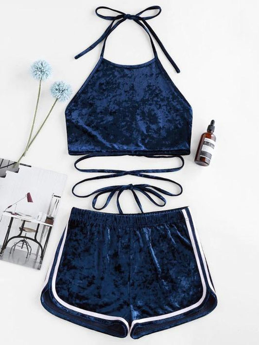 Halter Velvet Tied Co Ord Set - LuckyFash™