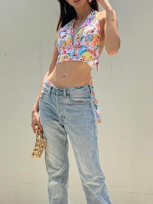 Halterneck Character Print Tie Rope Vest - LuckyFash™