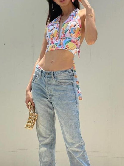 Halterneck Character Print Tie Rope Vest - LuckyFash™