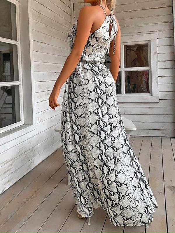Halterneck Tie Back Split Thigh Snakeskin Dress - LuckyFash™