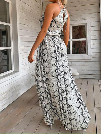 Halterneck Tie Back Split Thigh Snakeskin Dress - LuckyFash™