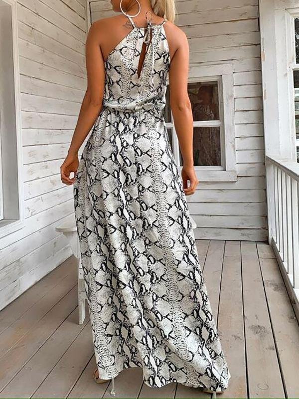 Halterneck Tie Back Split Thigh Snakeskin Dress - LuckyFash™