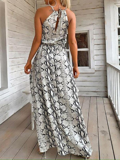 Halterneck Tie Back Split Thigh Snakeskin Dress - LuckyFash™
