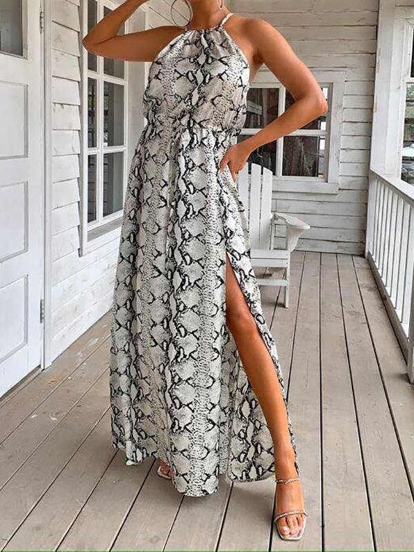 Halterneck Tie Back Split Thigh Snakeskin Dress - LuckyFash™
