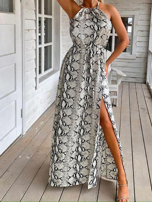 Halterneck Tie Back Split Thigh Snakeskin Dress - LuckyFash™
