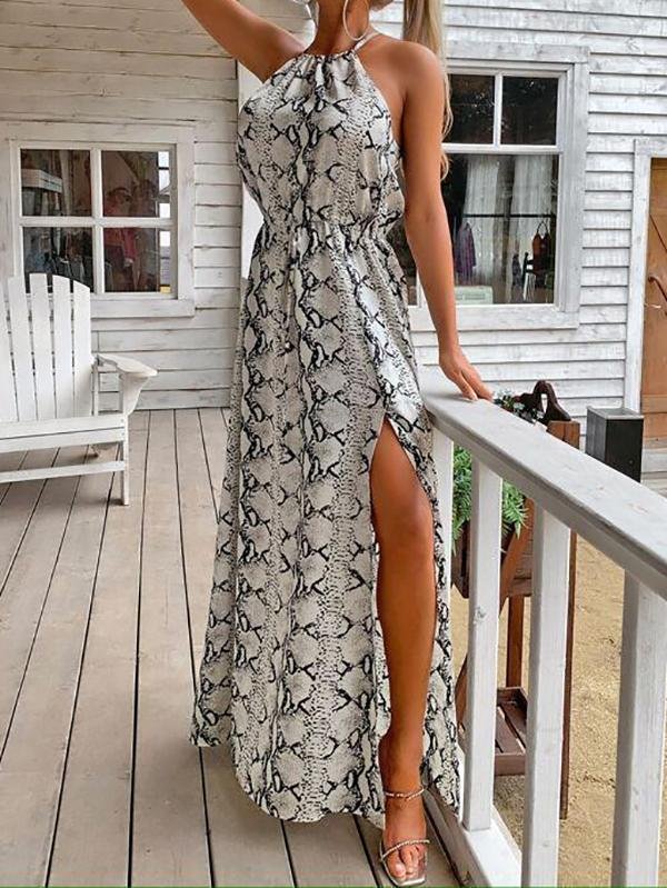 Halterneck Tie Back Split Thigh Snakeskin Dress - LuckyFash™