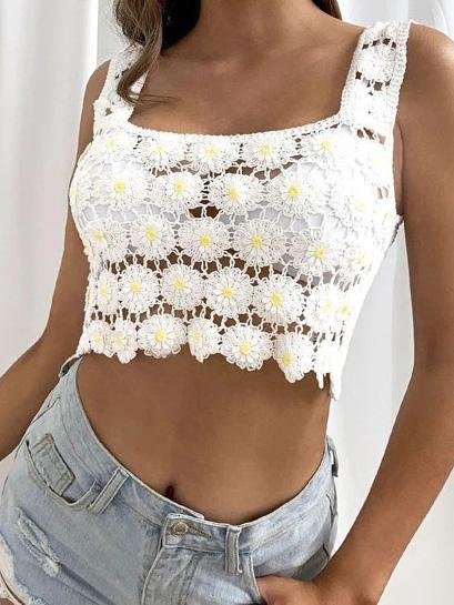 Hand Hook Chrysanthemum Cute Tank Tops - LuckyFash™