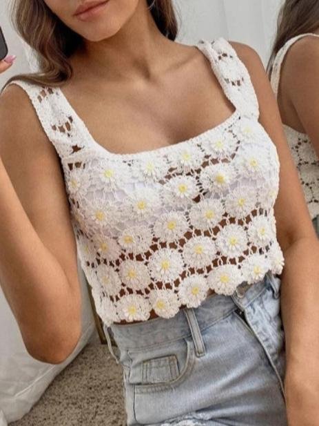 Hand Hook Chrysanthemum Cute Tank Tops - LuckyFash™