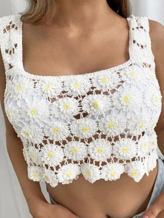 Hand Hook Chrysanthemum Cute Tank Tops - LuckyFash™