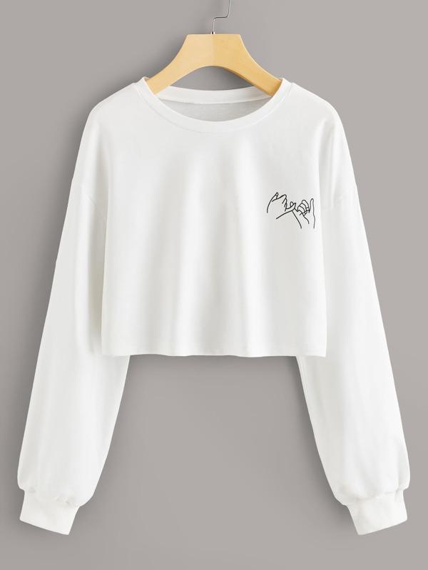 Hands Print Drop Shoulder Crop Sweatshirt - LuckyFash™
