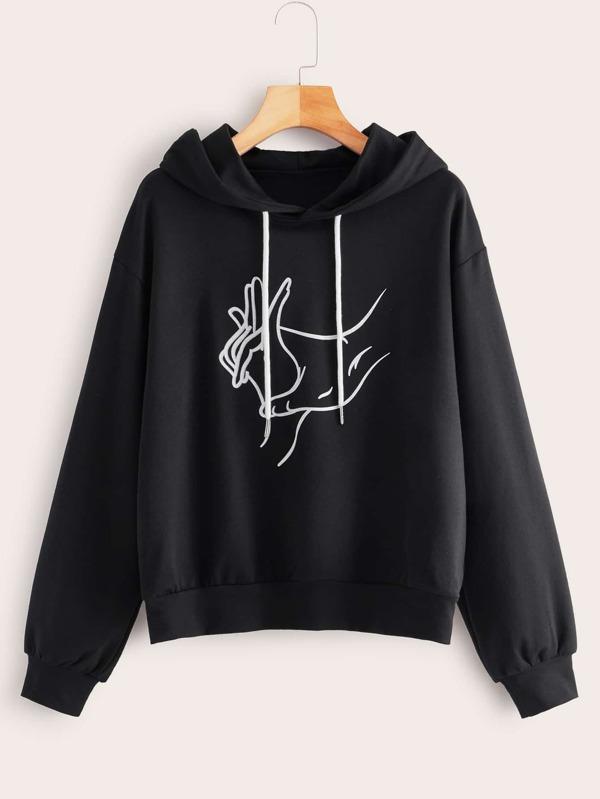 Hands Print Drop Shoulder Drawstring Hoodie - LuckyFash™