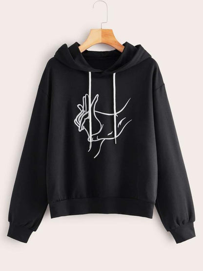 Hands Print Drop Shoulder Drawstring Hoodie - LuckyFash™
