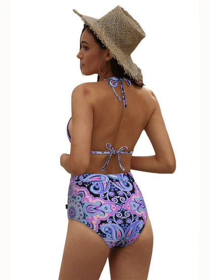Hanging Neck Fringe Design High Waist Printed Three-Point Bikini - LuckyFash™