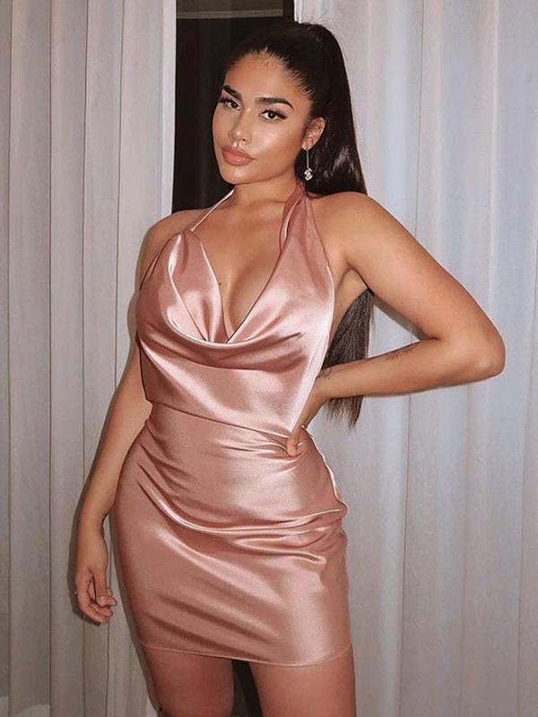 Hanging Neck Satin Backless Bodycon Party Mini Dress - LuckyFash™