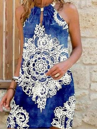 Hanging Neck Sleeveless Slimming Casual Printed Dress - LuckyFash™