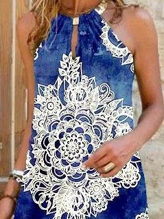Hanging Neck Sleeveless Slimming Casual Printed Dress - LuckyFash™