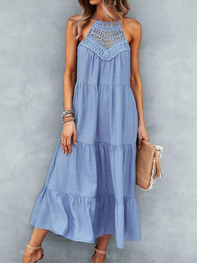 Hanging Neck Solid Color Stitching Big Swing Dress - LuckyFash™
