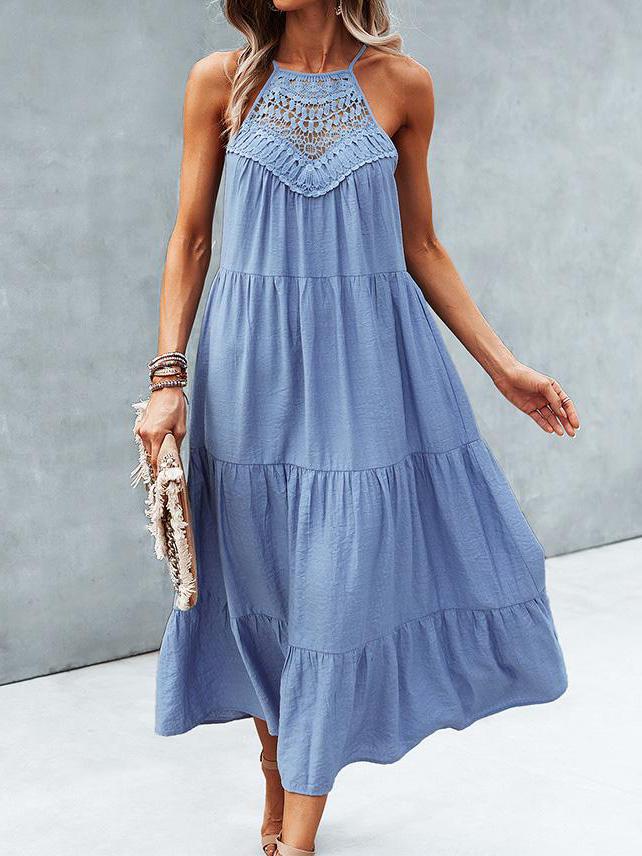 Hanging Neck Solid Color Stitching Big Swing Dress - LuckyFash™