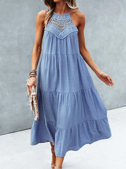 Hanging Neck Solid Color Stitching Big Swing Dress - LuckyFash™