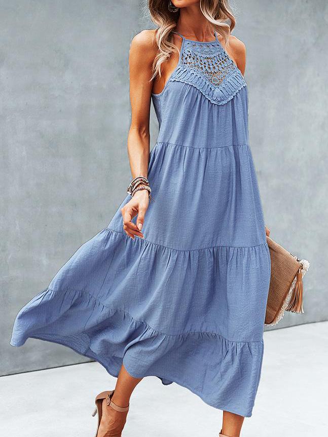Hanging Neck Solid Color Stitching Big Swing Dress - LuckyFash™