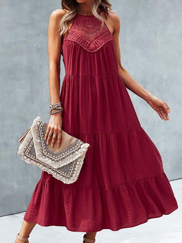 Hanging Neck Solid Color Stitching Big Swing Dress - LuckyFash™