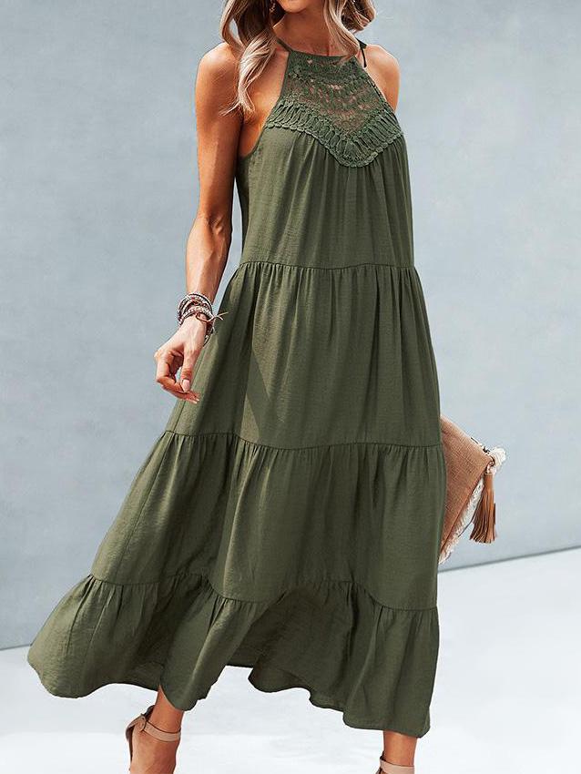 Hanging Neck Solid Color Stitching Big Swing Dress - LuckyFash™