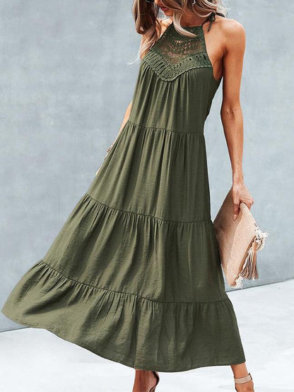 Hanging Neck Solid Color Stitching Big Swing Dress - LuckyFash™