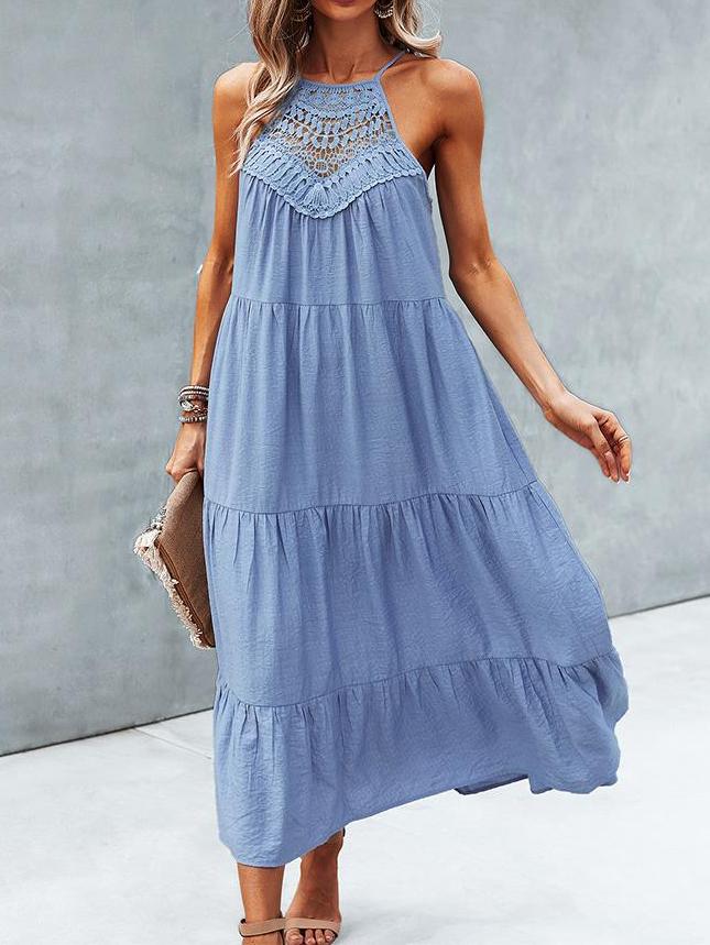 Hanging Neck Solid Color Stitching Big Swing Dress - LuckyFash™